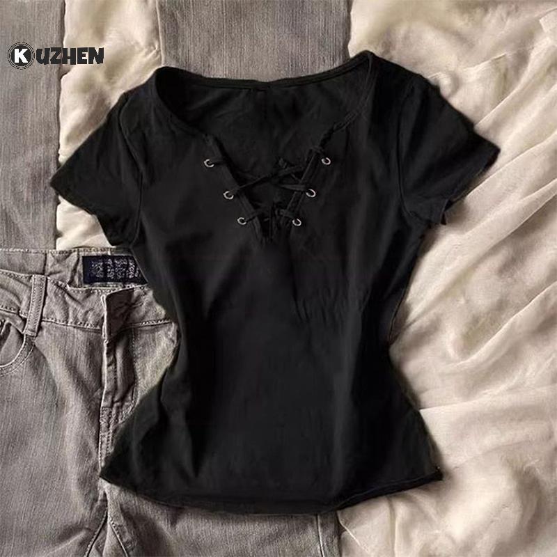 KUZHEN Mỹ - Áo Thun Nữ Thời Trang Y2K, Ren Lên, Tay Ngắn, Phù HợpSlim Fit