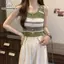 Áo dệt kim mỏng tweed sọc tròn cổ không tay phong cách Hàn Quốc cho mùa hè