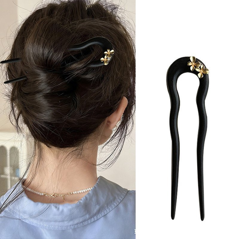 Kẹp tóc hình chữ u sóng gỗ đàn hương vàng osmanthus phong cách cổ điển Trung Hoa, phù hợp với búi tóc và mũ hàng ngày