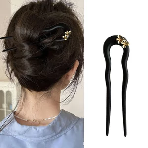Kẹp tóc hình chữ u sóng gỗ đàn hương vàng osmanthus phong cách cổ điển Trung Hoa, phù hợp với búi tóc và mũ hàng ngày