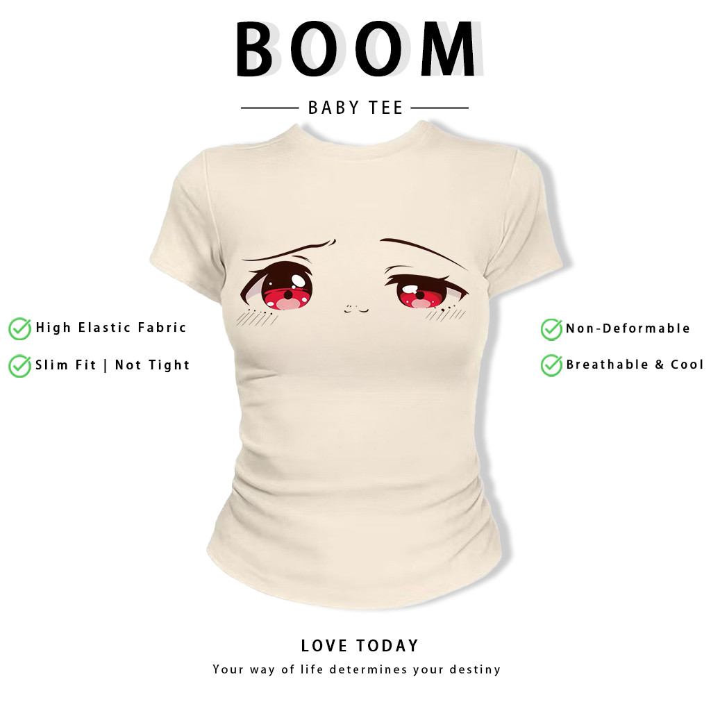 BOOM Áo Baby Tee Nữ Cotton Ôm Body-Áo Thun Ngắn Tay Y2K In Hình PhongCách Mùa Hè, Cổ Tròn Hàng Đầucách hàn quốc phongK12