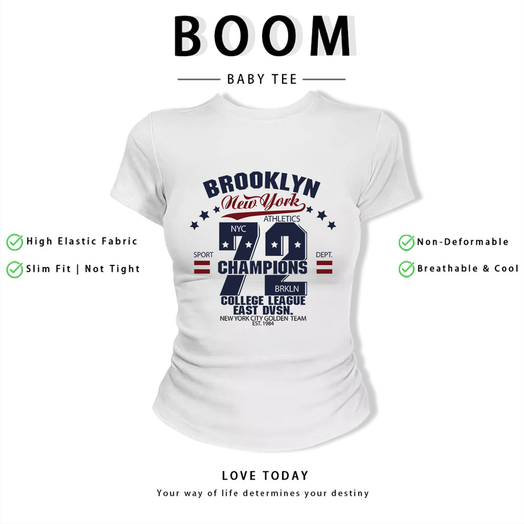 BOOM Áo Baby Tee Nữ Cotton Ôm Body-Áo Thun Ngắn Tay Y2K In Hình PhongCách Mùa Hè, Cổ Tròn Hàng Đầucách hàn quốc phongA87