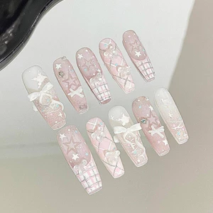 Dễ Thương Cô Gái Dễ Thương Ren Handmade Nhấp Nháy Đeo Nơ Pháp Cao Cấp Dễ Thương Móng Tay Làm Trắng Da Có Thể Tháo Rời Làm Móng Tay