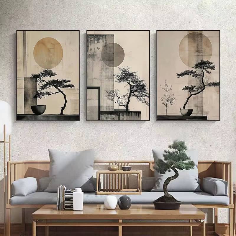 Nhật Bản Zen lấy cảm hứng từ cây thông koi hoàng hôn và chim Poster Không khung Tranh Canvas Trang trí tường nhà thanh lịch