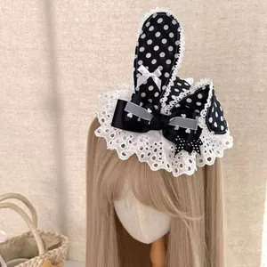 Kẹp tóc tai thỏ ren chấm bi đen trắng phong cách Nhật Bản, phụ kiện lolita mới 260504