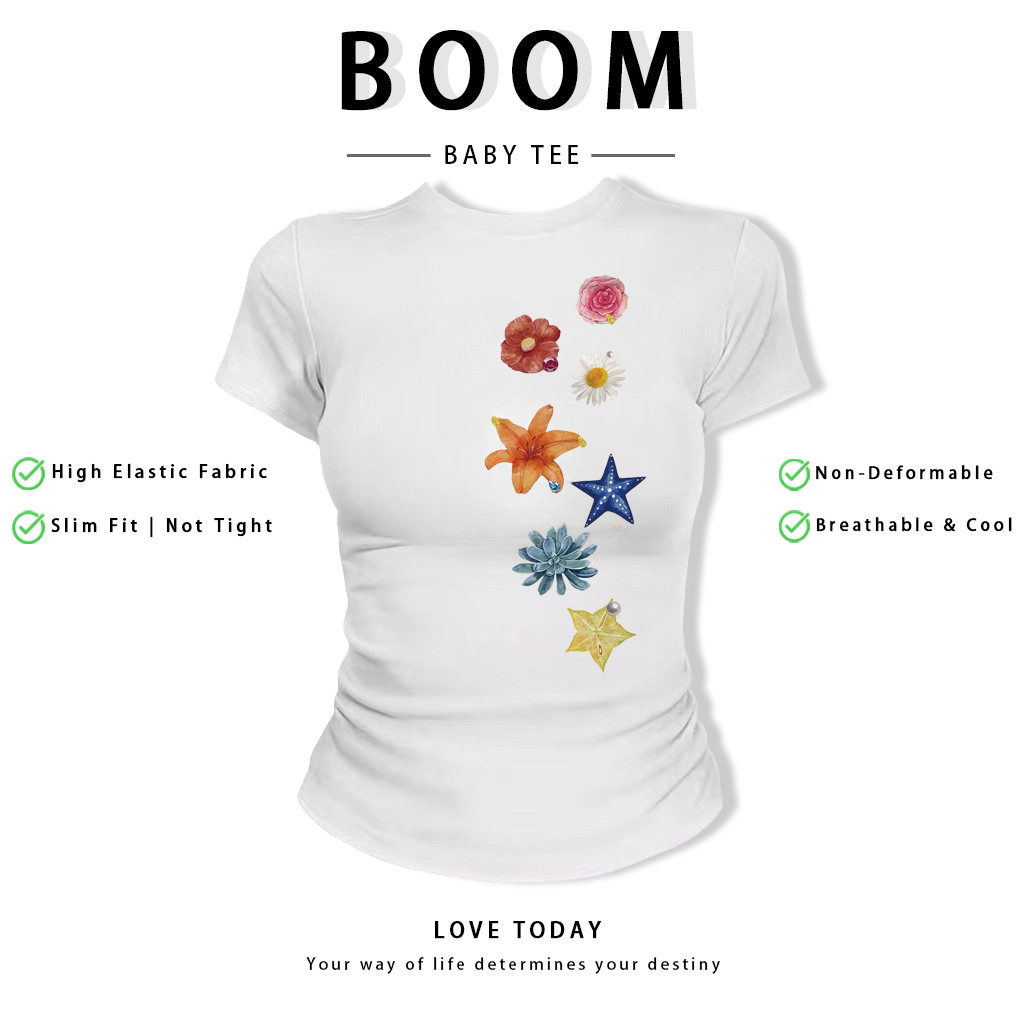 BOOM Áo Baby Tee Nữ Cotton Ôm Body-Áo Thun Ngắn Tay Y2K In Hình PhongCách Mùa Hè, Cổ Tròn Hàng Đầucách hàn quốc phongG36