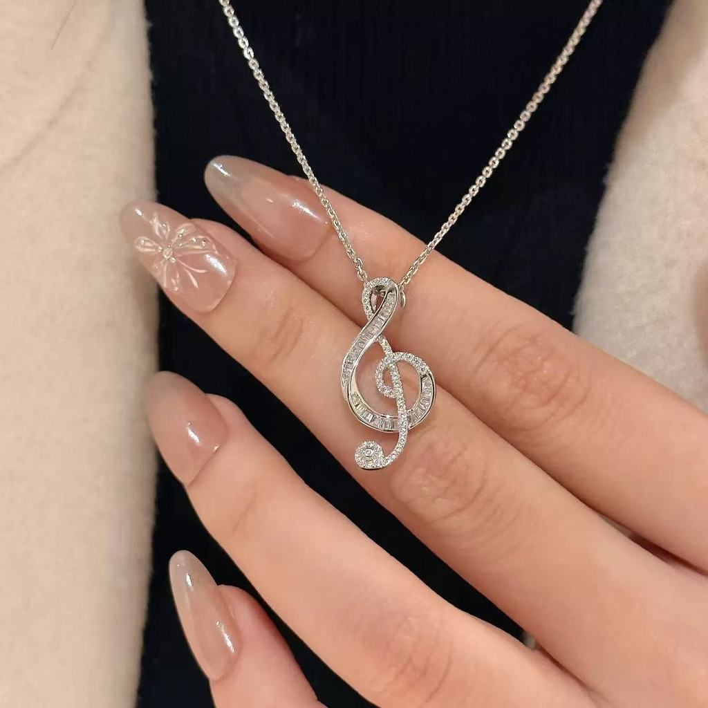 Vòng cổ Clef Treble lấp lánh, Mặt dây chuyền ghi chú âm nhạc bạc với kim cương giả, Trang sức tối giản dành cho những người yêu thích âm nhạc