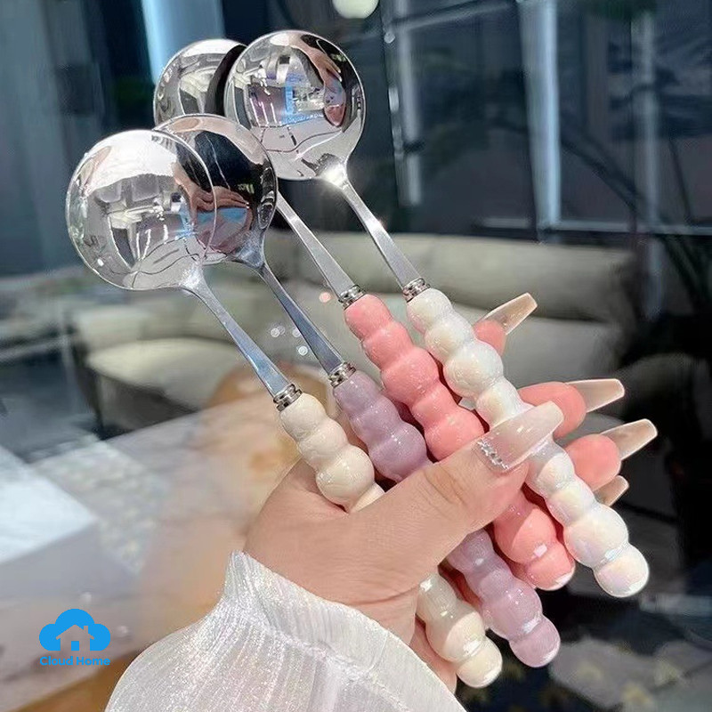 🌤️COD🌤️Thìa Inox Ăn Cơm Tay Cầm Ngọc Trai Nhiều Màu, Muỗng Ăn Cháo Súp Inox Không Rỉ,Cao cấp,Loại dày Cán Dài