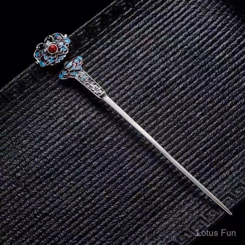 Chính Hãng S925 Bạc Hoa Mẫu Đơn Kẹp Tóc Trung Quốc Retro Trang Phục Cung Điện Hanfu Pan Tóc Bun Mũ Đội Đầu Quà Tặng