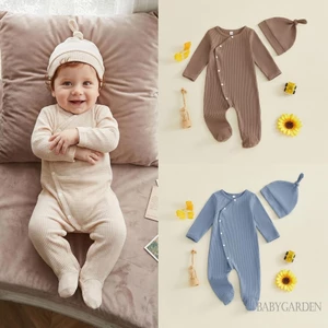 Sơ Sinh Bộ áo liền quần quấn chân bé trai màu trơn dài tay có gân có mũ