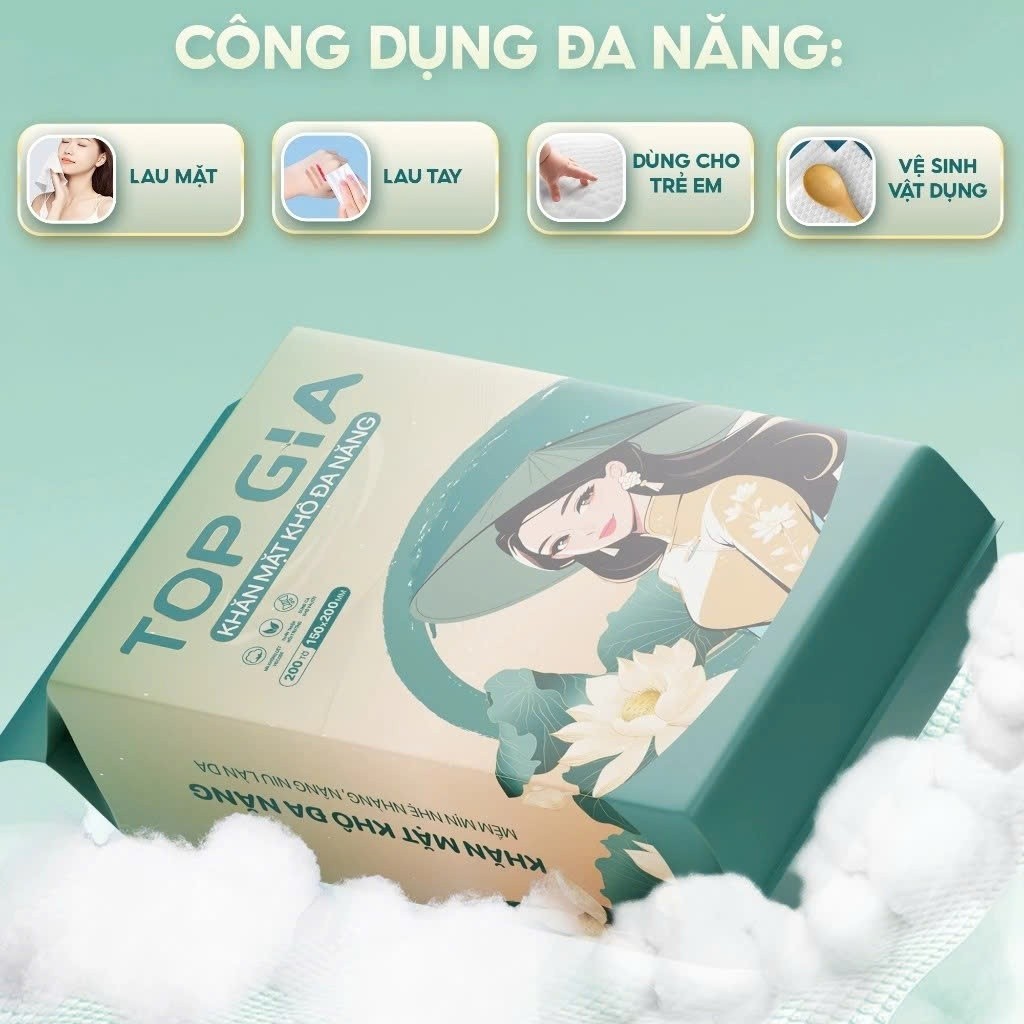 Khăn vải khô đa năng Top Gia, bịch 200 tờ Sắc Việt rút treo tường an toàn cho da tặng móc treo