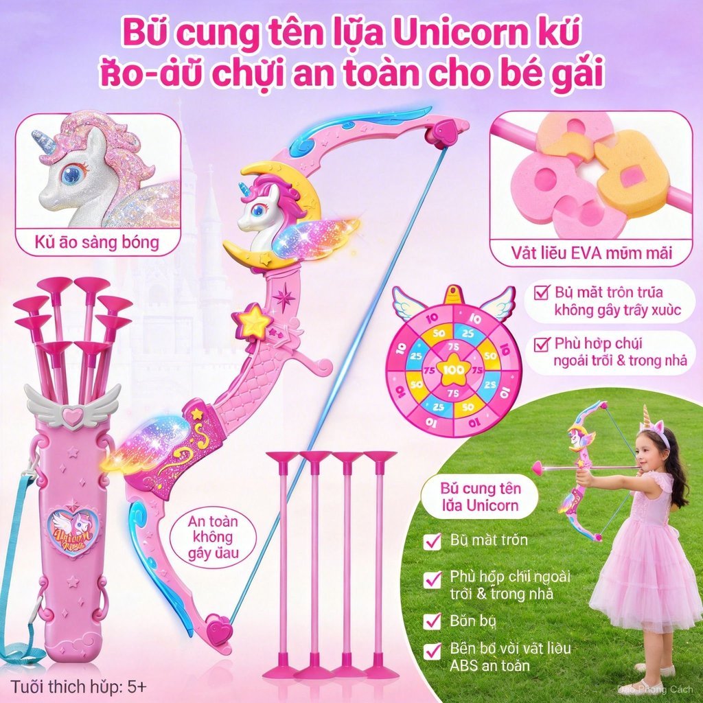 Đồ chơi cung tên bắn Phát Sáng kỳ lân, đồ chơi cho bé gái -1 bia hồng tâm  1 cung tên 8 mũi tên