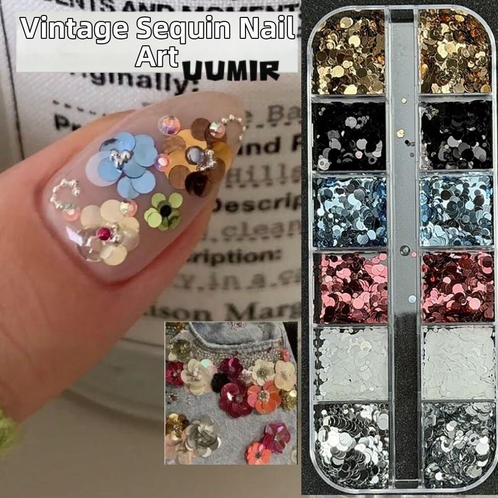 UUMIR Chấm Bi Lấp Lánh Trang Trí Móng Tay Nghệ Thuật, Phụ Kiện Móng Tay Lấp Lánh Nhiều Màu Sắc DIY, Sáng Tạo 12 Lưới Tối Giản Kim Sa Lấp Lánh Trang Trí Móng Tay Salon