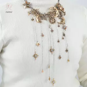 Mặt dây chuyền boho nhiều lớp với hình mặt trời, ngôi sao, mặt trăng và kim cương - Phù hợp cho phụ nữ