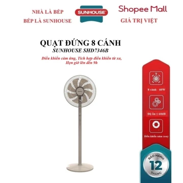 QUẠT ĐỨNG SUNHOUSE 8 CÁNH SHD7346B, Điều khiển cảm ứng, Tích hợp điều khiển từ xa, 3 chế độ gió, Hẹn giờ lên đến 9h