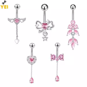 Nhẫn Rốn Hình Bướm Trái Tim từ Thép Không Gỉ và Đá Pha Lệ Hồng Zircon - Trang Sức Dành Cho Nữ
