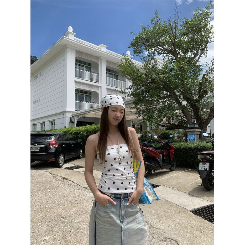 Milyfashion Với Miếng Lót Ngực Chấm Bi Ống In Hình Màu Trắng Mỏng Phù Hợp Với thon gọn Hơn Nhìn Không Tay Nữ Áo Ngắn