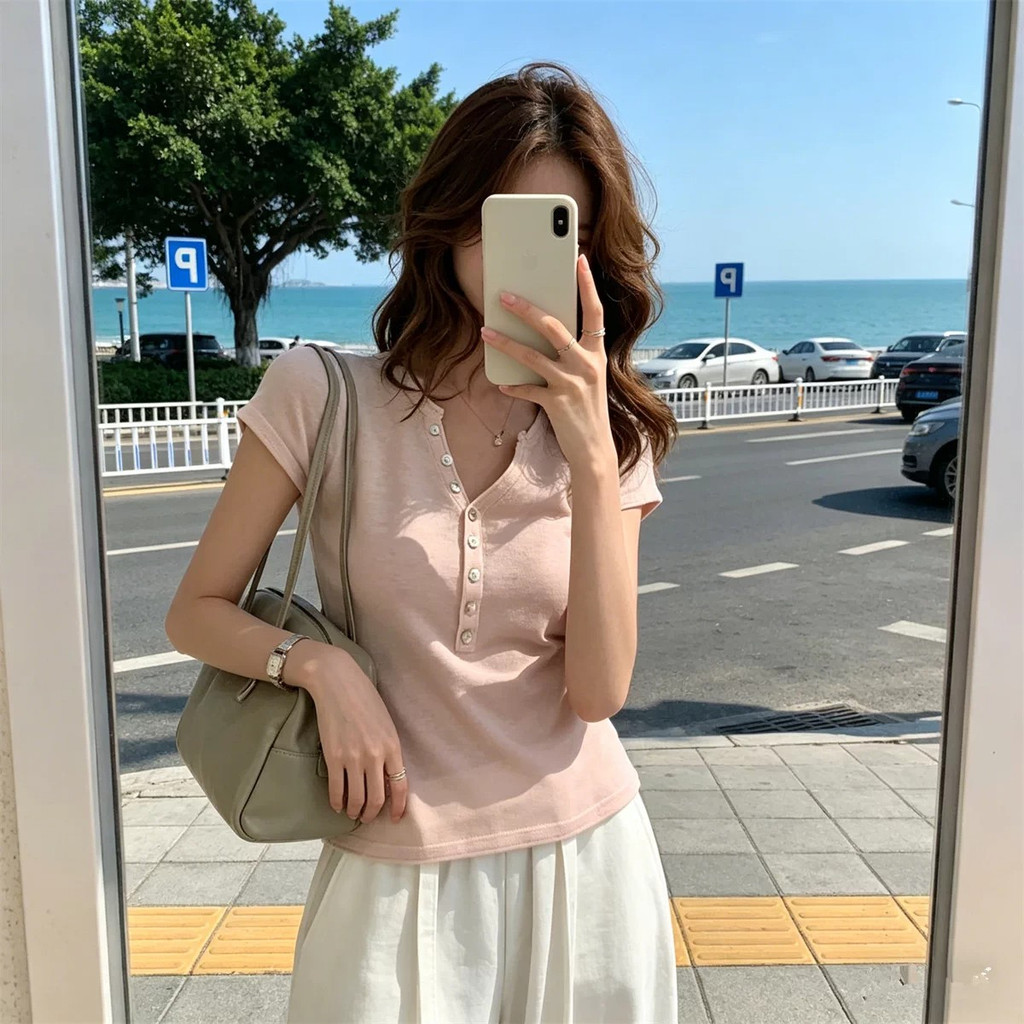 SUXI Áo thun dệt kim ngắn tay màu trơn phong cách Hàn Quốc cho mùa hè 260427