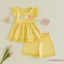 Trang phục mùa hè cho bé gái mới biết đi Trang trí hoa Áo cổ tròn tay bay + Quần short lưng co giãn Bộ quần áo 2 chiếc