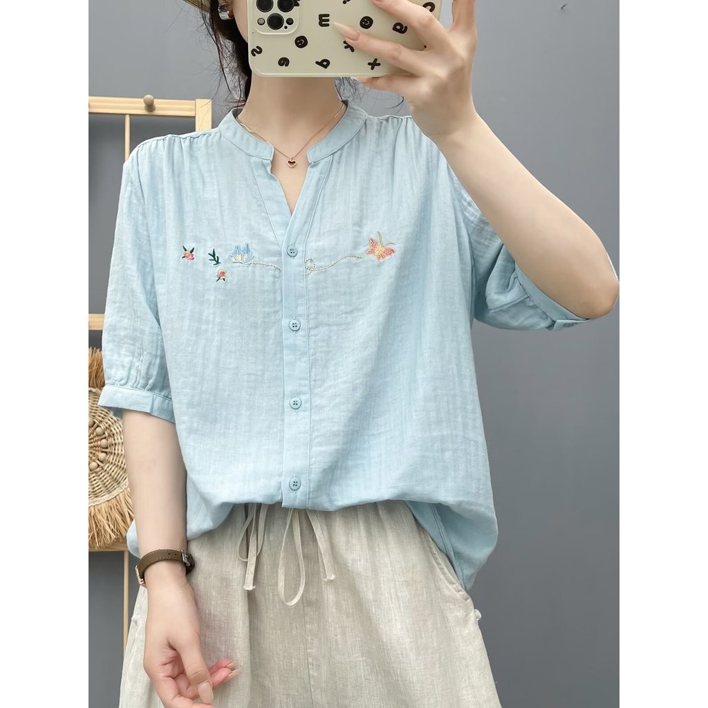 [Hàng có sẵn] Áo sơ mi nữ 100% Cotton chất lượng cao Mùa hè Áo sơ mi dài tay đa năng tay năm phần tư
