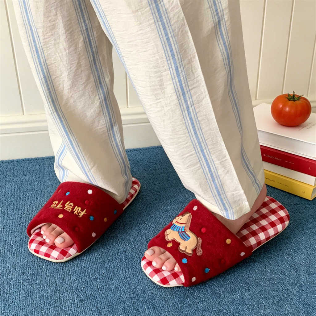 XIXITIAO Dép Vải Cotton Nhà Máy Có Thể Giặt Nam Nữ Pony Cặp Đôi Kẻ Sọc Đỏ