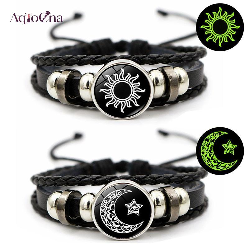 AqToCna Đơn Giản Dạ Quang Mặt Trời Mặt Trăng Da Handmade Dệt Cặp Đôi Vòng Tay Trang Sức Nam Nữ Dành Cho Người Yêu Lễ Hội Quà Tặng AqToCna