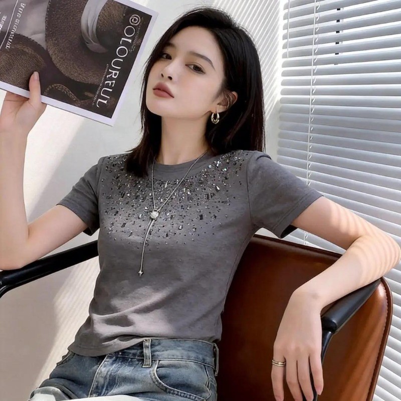 Áo thun cổ tròn mùa hè Hàn Quốc dành cho nữ tay ngắn dáng rộng giảm béo hàng đầu mới