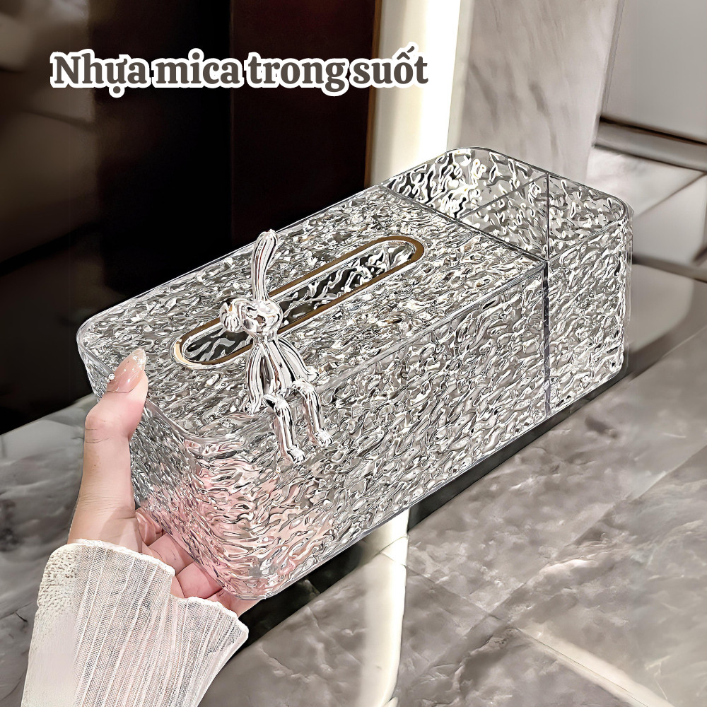 Hộp Đựng Khăn Giấy Để Bàn Vân Kim Cương Trong Suốt Kèm Khay Đựng Đồ Họa Tiết Thỏ, Hộp Giấy Decor Phòng Khách