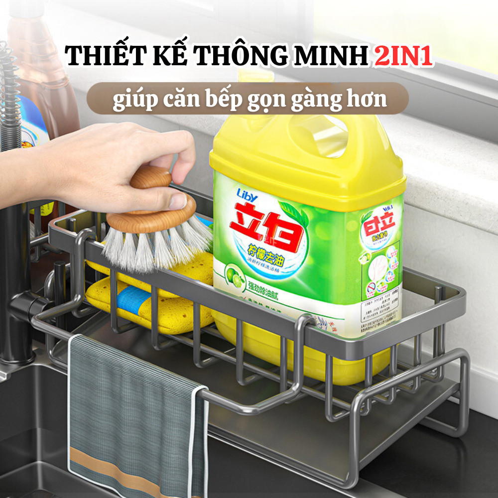 Kệ Để Đồ Rửa Chén Bát Inox Không Gỉ Có Khay Thoát Nước, Giá Đựng Nước Rửa Chén Kèm Thanh Treo Khăn Tiện Lợi