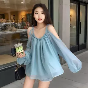 Áo sơ mi chống nắng lệch vai sang trọng thoáng khí dành cho nữ mùa hè Phong cách nhẹ nhàng xếp li dáng rộng mỏng hơn trông mỏng hơn