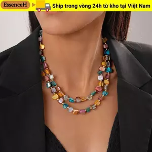ESSENCEH Vòng cổ đầy màu sắc, Vòng cổ đính cườm phóng đại không đều, Xu hướng nữ hai lớp Phụ kiện trang sức thanh lịch Quà tặng dự tiệc