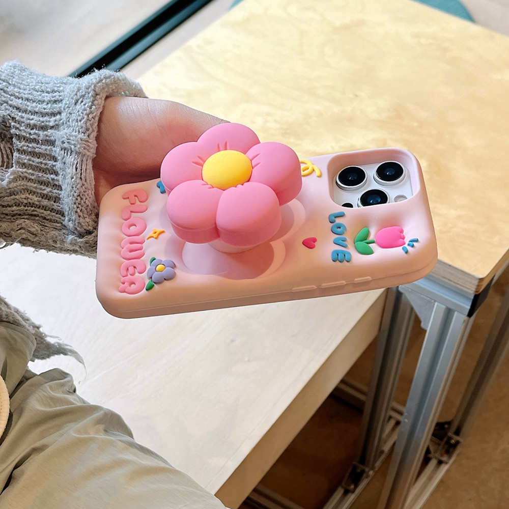 Dành Cho iPhone 17 16 15 14 13 12 11 Pro Max 6 6S 7 8 Plus 16 15 14 Plus X XS Max XR Ốp Điện Thoại 3D Hoa Chân Đế Silicon Mềm Có Chân Đế