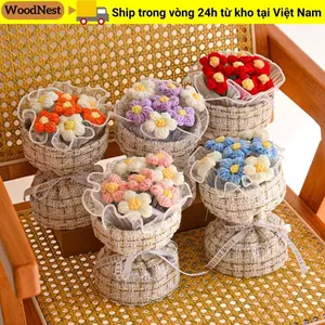 Bó hoa móc WOODNEST, Bó hoa dệt kim hoa phồng dệt kim, Quà tặng tốt nghiệp Bó hoa hoàn thiện Bó hoa thủ công Mini Ngày lễ tình nhân