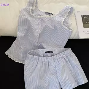 Bộ đồ ngủ sọc SAIA, Váy ngủ không tay ren màu xanh, Bộ đồ thoải mái Bộ đồ ngủ nữ có ngực đơn Bộ đồ ngủ nữ