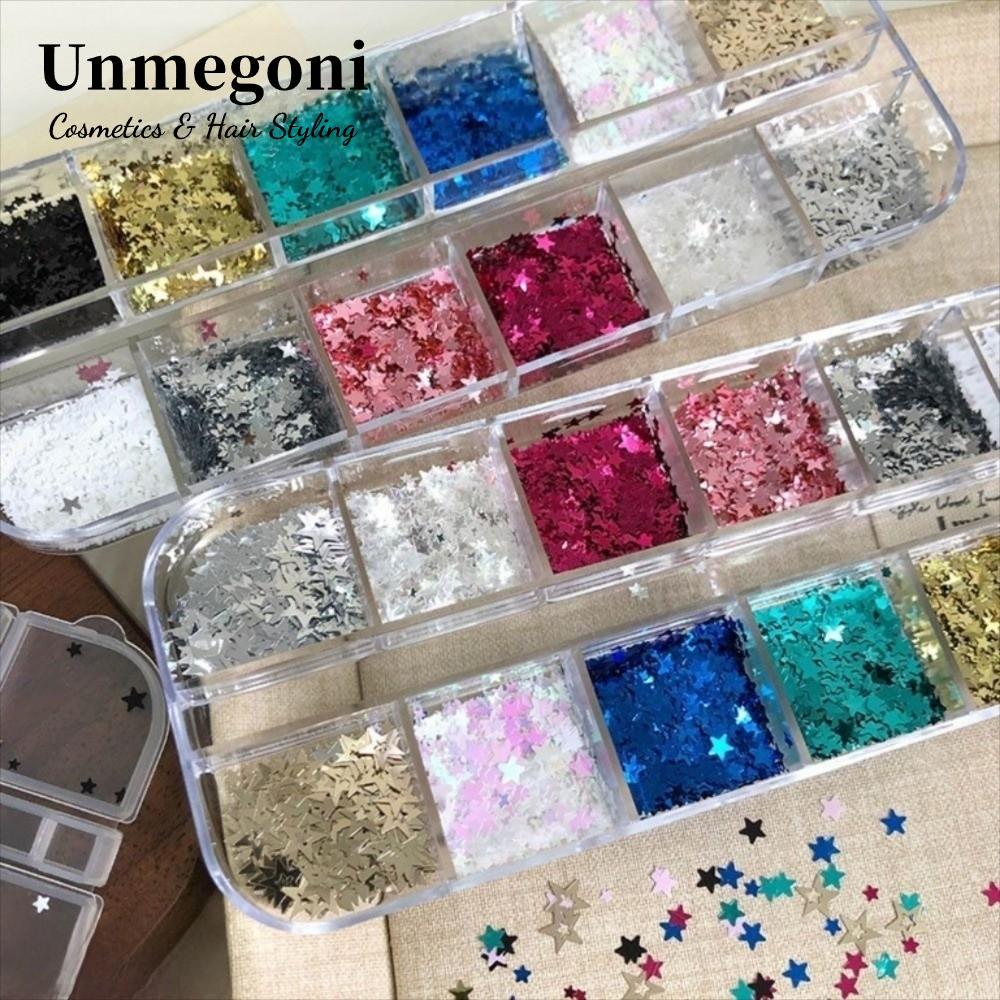 UNMEGONI 12 Lưới / hộp Móng Tay Nghệ Thuật Quyến Rũ, Ngôi Sao Năm Cánh Hỗn Hợp Gói Móng Tay Nghệ Thuật Kim Sa Lấp Lánh Phụ Kiện, Mảnh Lấp Lánh DIY Mini Móng Tay Nghệ Thuật Dán Bộ Dụng Cụ Làm