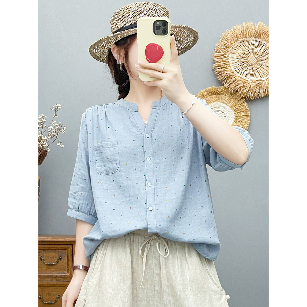 [Hàng có sẵn] Áo sơ mi nữ Cotton chấm bi mùa hè tay áo vừa mềm mại