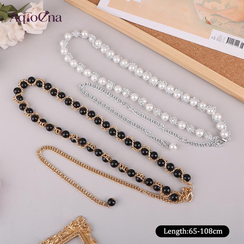 AqToCna Thắt lưng nữ ngọc trai với dây xích đàn hồi - Phụ kiện thời trang cho quần áo