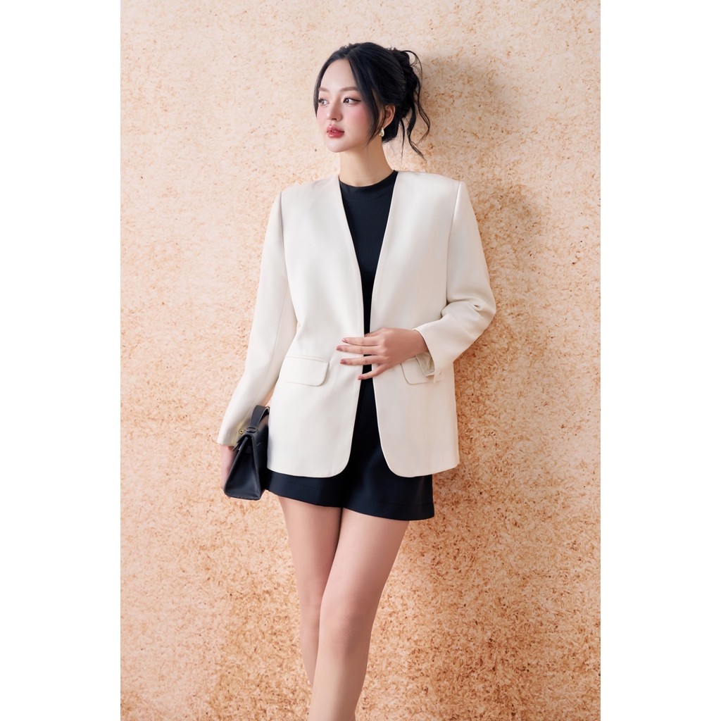 Blazer nữ ELLA DORA thiết kế cổ không ve dáng suông thanh lịch hiện đại 3 màu ĐỎ/ĐEN/BE [V25]