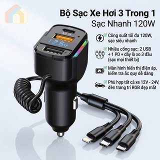 Bộ sạc ô tô Cáp có thể thu vào 3 trong 1 Sạc nhanh PD30W USB Type C Màn hình điện áp LED