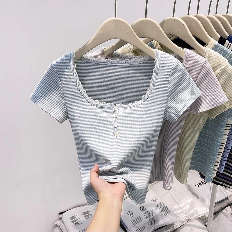 Áo thun nữ sọc vai, form slim-fit phù hợp mùa hè