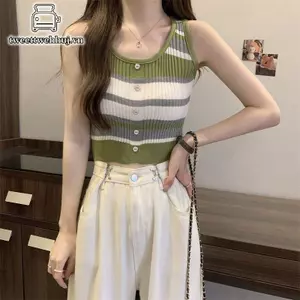 Áo dệt kim mỏng tweed sọc tròn cổ không tay phong cách Hàn Quốc cho mùa hè