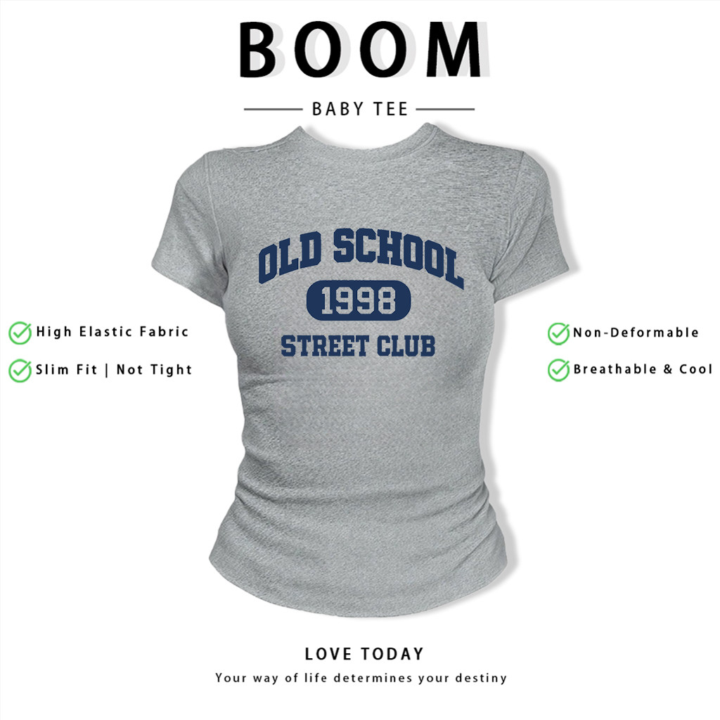BOOM Áo Baby Tee Nữ Cotton Ôm Body-Áo Thun Ngắn Tay Y2K In Hình PhongCách Mùa Hè, Cổ Tròn Hàng Đầucách hàn quốc phongA48