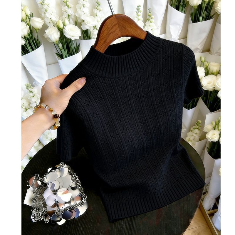 Áo Len Cổ Nửa Cao Phong Cách Ngọt Ngào Kiểu Pháp, Thiết Kế Jacquard Pit Strip Cho Đầu Mùa Hè