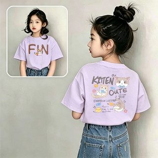 【Giao hàng trong vòng 24 giờ】Áo thun cổ tròn in hình mèo dễ thương, phù hợp cho trẻ em từ 1-12 tuổi.