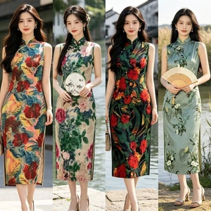 WHX [Sườn xám dài vừa phải] Sườn xám nữ Sườn xám phong cách Trung Quốc mới có tay áo đeo vai Retro Plus Size Váy màu truyền thống Trung Quốc