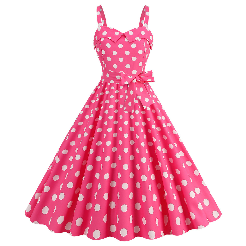 Phụ Nữ Thanh Lịch Màu Hồng Chấm Bi Đầm Mùa Hè Áo Hepburn Vintage Gợi Cảm Retro Đảng Váy Vestido