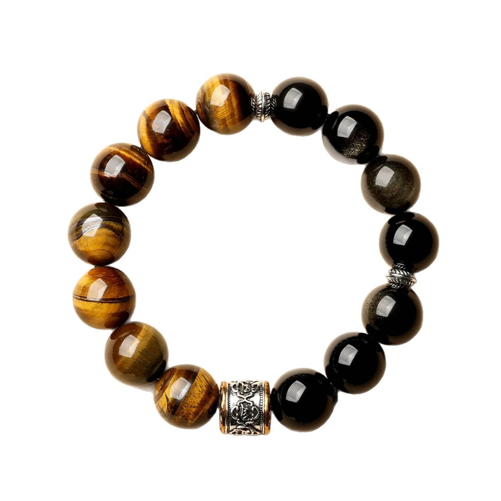 Vòng tay Obsidian mắt hổ tự nhiên Unisex - Hạt Mantra sáu chữ - Miếng đệm bạc trang trí công phu - Thủ công cổ điển dân tộc