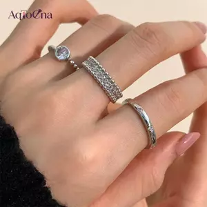 AqToCna 3 Chiếc Punk Zircon Nhẫn Kim Loại Bộ Dành Cho Nữ Đơn Giản Pha Lê Hình Học Rộng Mở Nhẫn Tối Giản Màu Bạc Thẩm Mỹ Nhẫn AqToCna