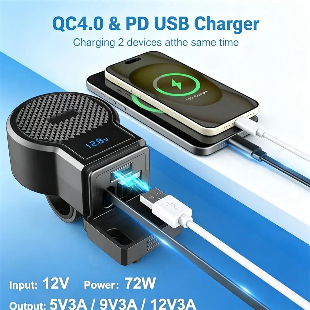 [Sẵn sàng] Ổ cắm USB xe máy 12V Type-C Bộ chuyển đổi nguồn sạc có thể thu vào Cổng kép PD + QC3.0 với công tắc Vôn kế kỹ thuật số chống nước