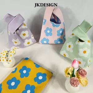 Túi Tote JKDESIGN, Túi đeo cổ tay thắt nút dung tích lớn thủ công, Túi xách dệt kim thêu hoa thông thường dành cho nữ bé gái
